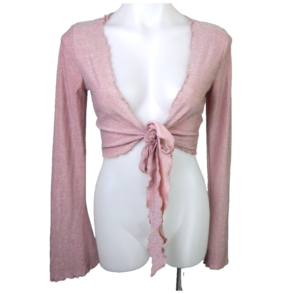 Urban Outfitters Women's Small Top Pink Sparkle Tie Front Crop Shrug Ruffle Edge